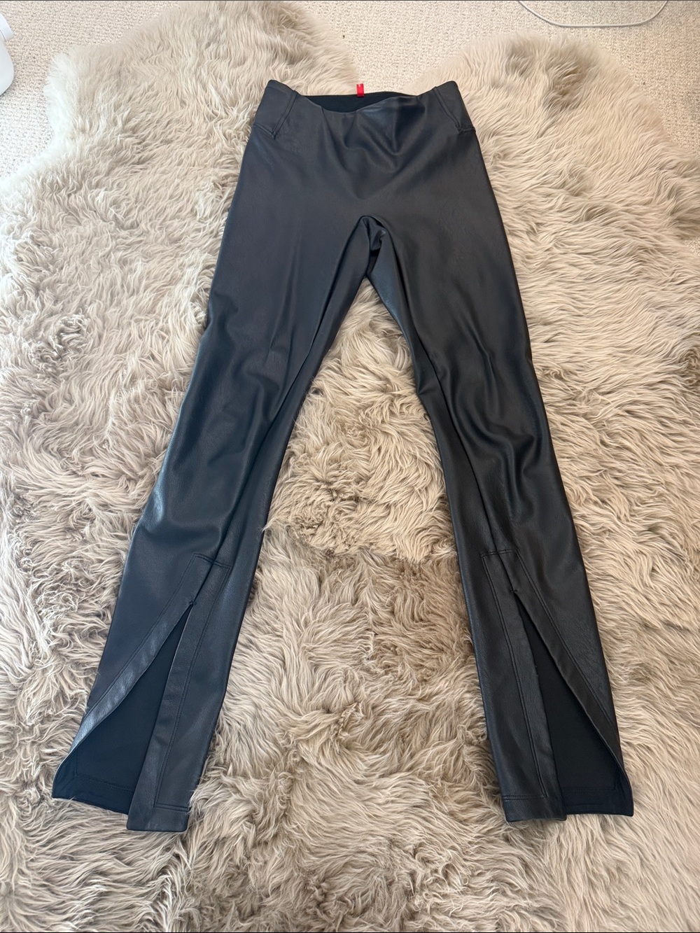 SPANX Girls Black Faux Leather Leggings with Front Leg Slits
